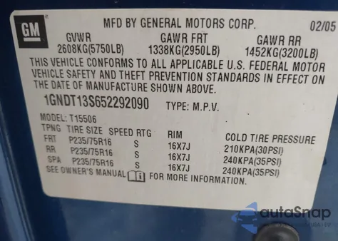 2005 Chevrolet Trailblazer Ls from USA, damaged, VIN 1GNDT13S652292090